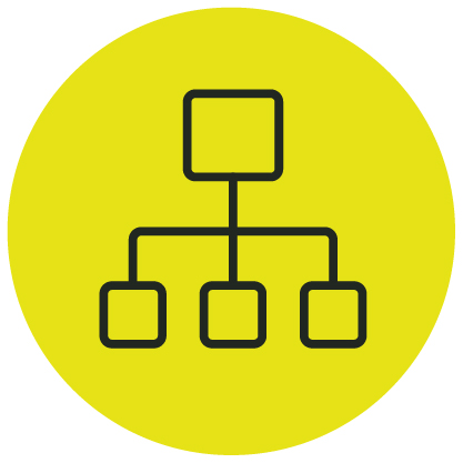 Icon of a hierarchical tree diagram with one top node connected to three lower nodes, set on a yellow circular background.