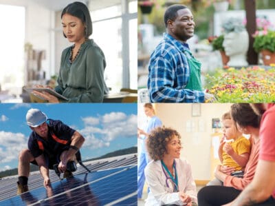 A collage of four images: a woman using a tablet, a man in a garden, a technician on solar panels, and a doctor speaking with a parent and child.