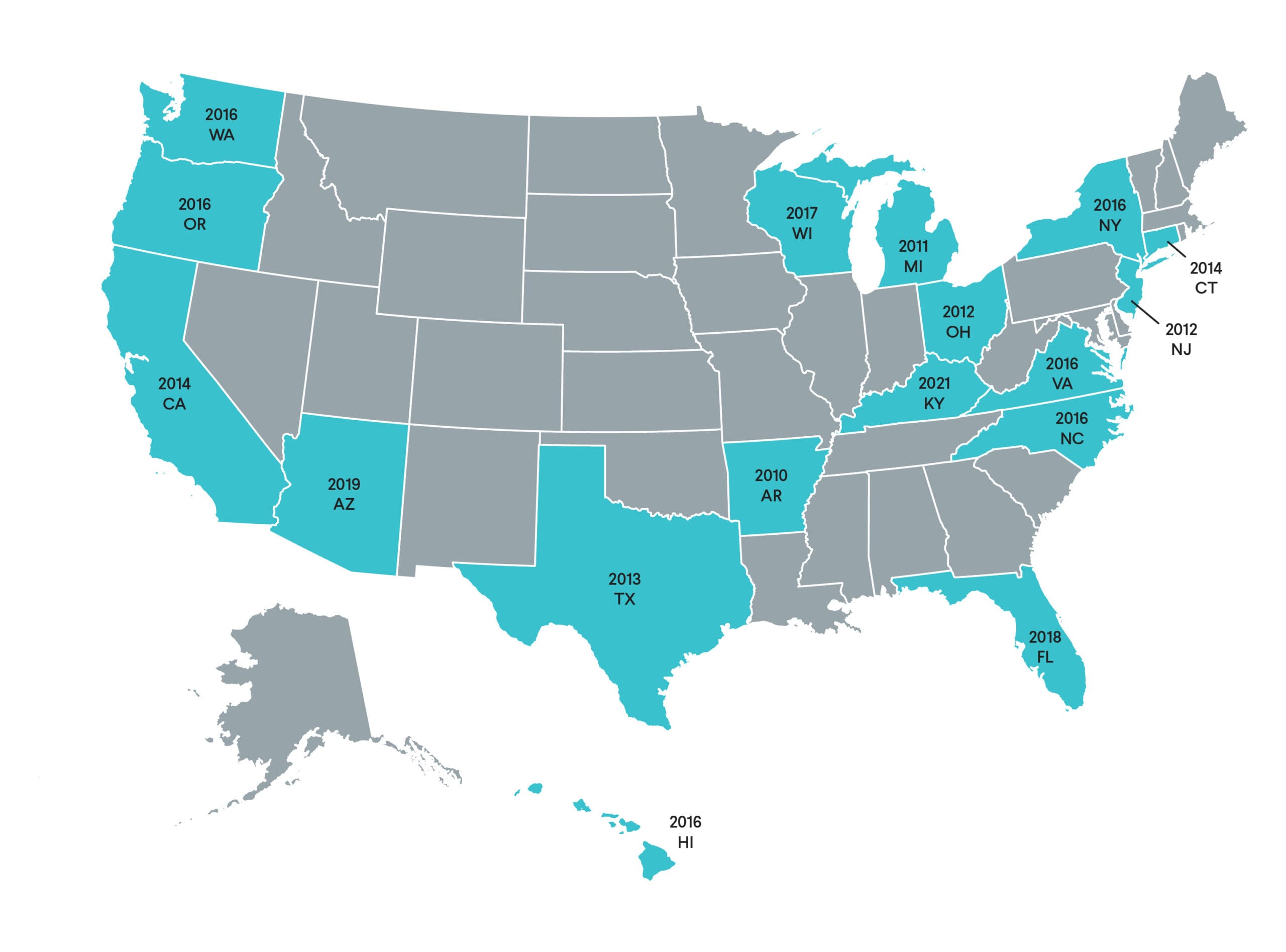 A U.S. map showing states in teal where significant events occurred between 2010 and 2019, each labeled with a year and state abbreviation.