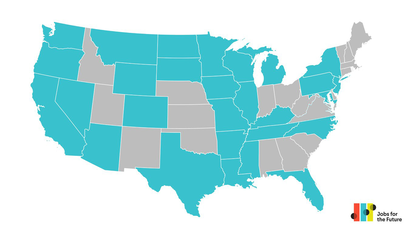 A map of the United States shows states in blue and gray. Blue states are in the western, midwestern, southern, and northeastern regions. A 