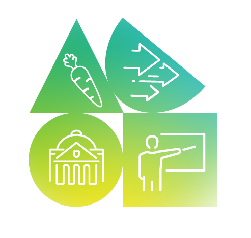 Colorful geometric shapes with icons: a carrot in a triangle, arrows in a teardrop, a building in a circle, and a person pointing at a board in a square.
