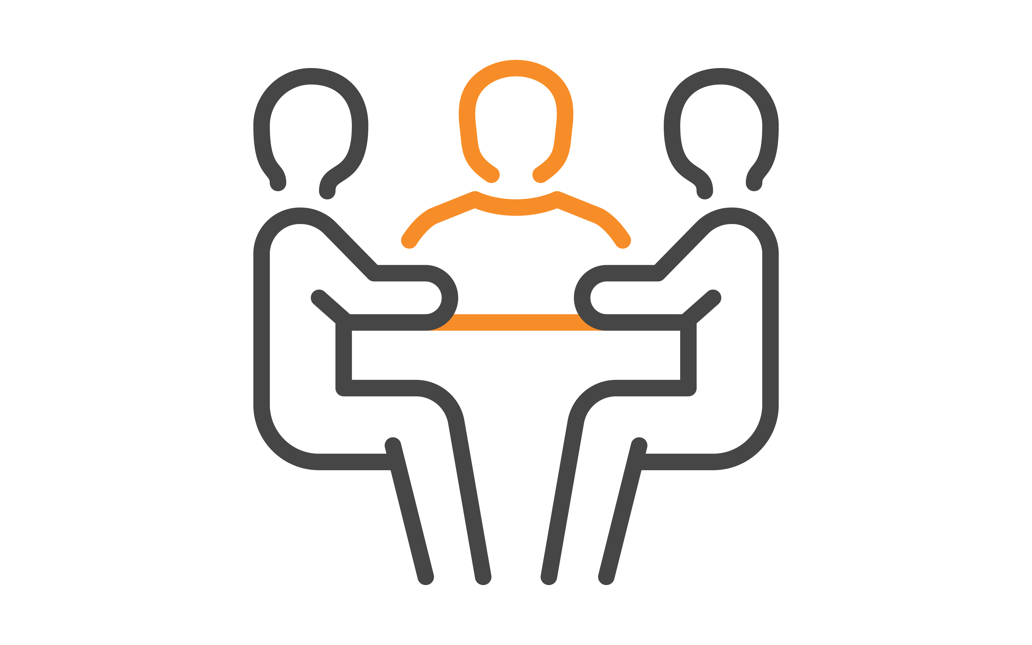 Three abstract figures sitting around a table, with one figure highlighted in orange.