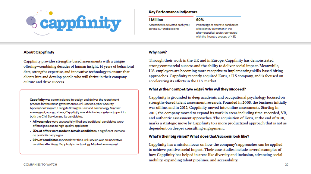 Informational page about Cappfinity, detailing company services, competitive edge, and success factors, with statistics on assessments performed and client engagement.