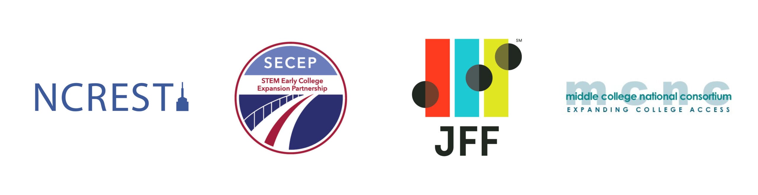 Logos of NCREST, SECEP, JFF, and Middle College National Consortium are aligned horizontally against a white background.