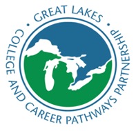 Logo of Great Lakes College and Career Pathways Partnership featuring stylized Great Lakes map within a blue and green circle.