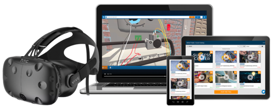 VR headset, laptop, tablet, and smartphone displaying industrial training simulations and course catalog.