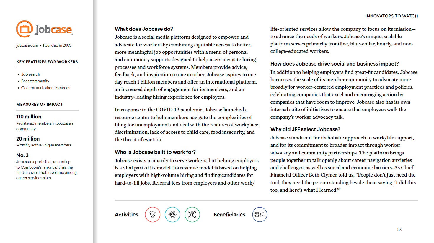 Screenshot of a webpage about Jobcase, a social media platform for workers. It highlights key features, measures of impact, and FAQs about their approach, social influence, and user interaction.