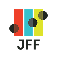 A colorful logo with three vertical bars in red, blue, and yellow, each with a circular cutout, aligned on a rectangular black base.