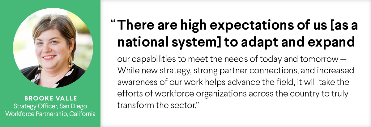 Quote about adapting and expanding capabilities with Brooke Valle's name, photo, and title at San Diego Workforce Partnership, California.