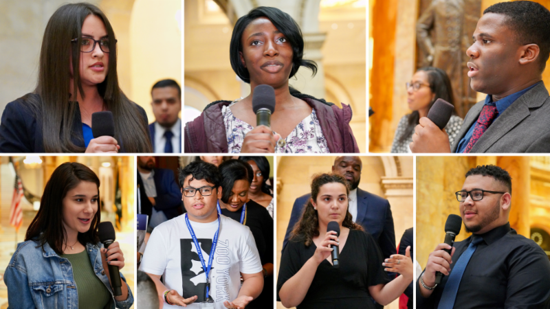 A group of seven people holding microphones in various settings, engaging in public speaking.