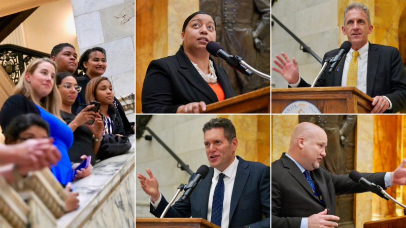 Collage of speakers at podiums and onlookers on stairs in a formal setting.