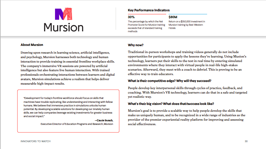Screenshot of a webpage featuring information about Mursion, including a logo, mission statement, key performance indicators, and a testimonial.