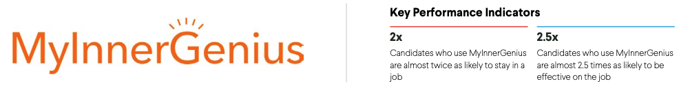 My Inner Genius logo with text stating candidates using the service are twice as likely to stay in a job and 2.5 times more likely to be effective in their job.