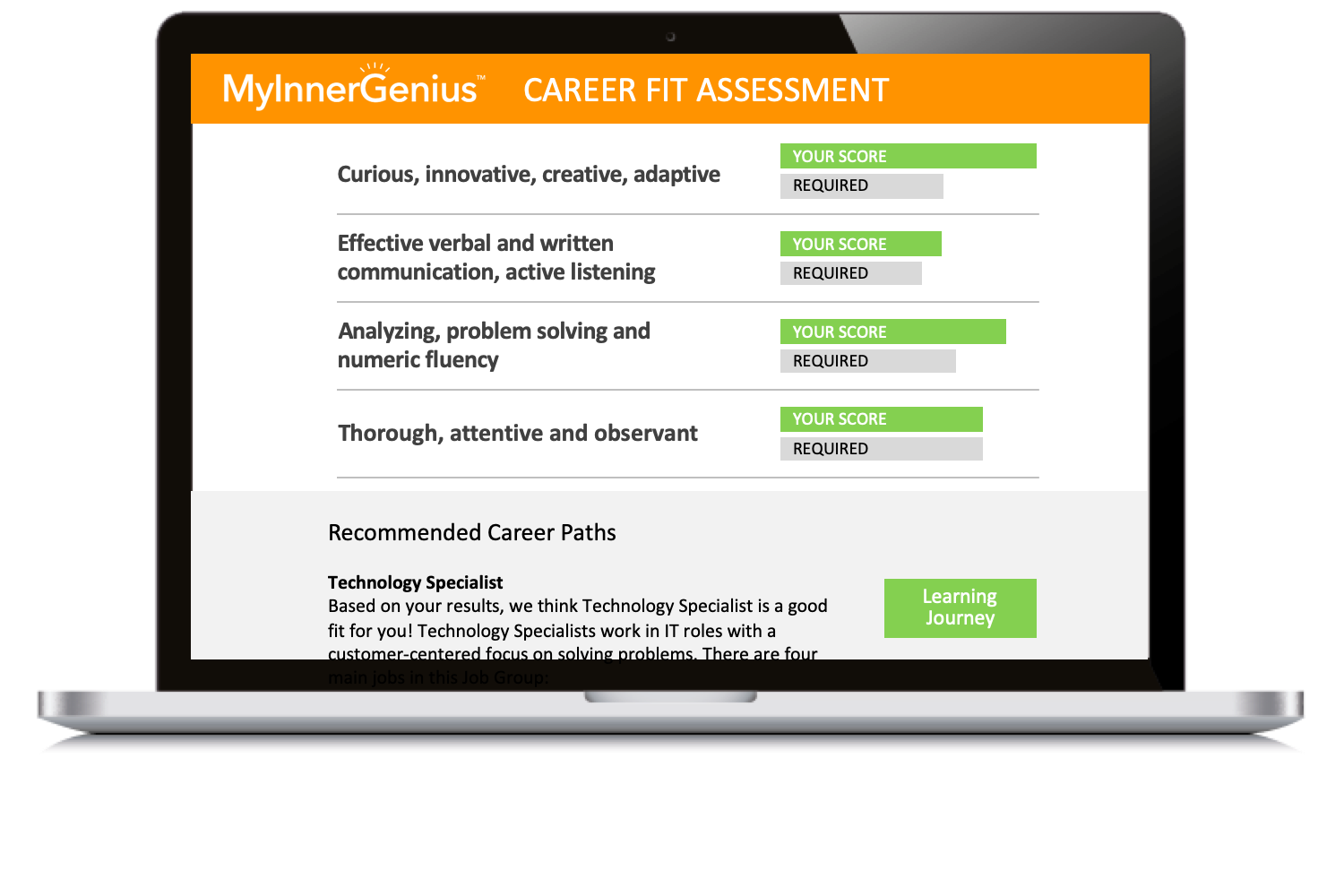 Laptop screen displaying a career fit assessment with sections on creative ability, communication, problem-solving, and attention. Recommended career as Technology Specialist.