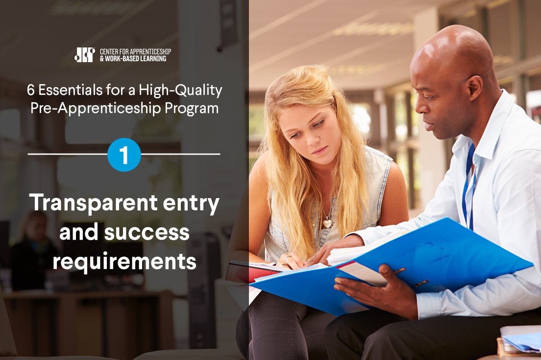 A man and a woman review documents together in a professional setting, next to text about start and success requirements for a pre-apprenticeship program.