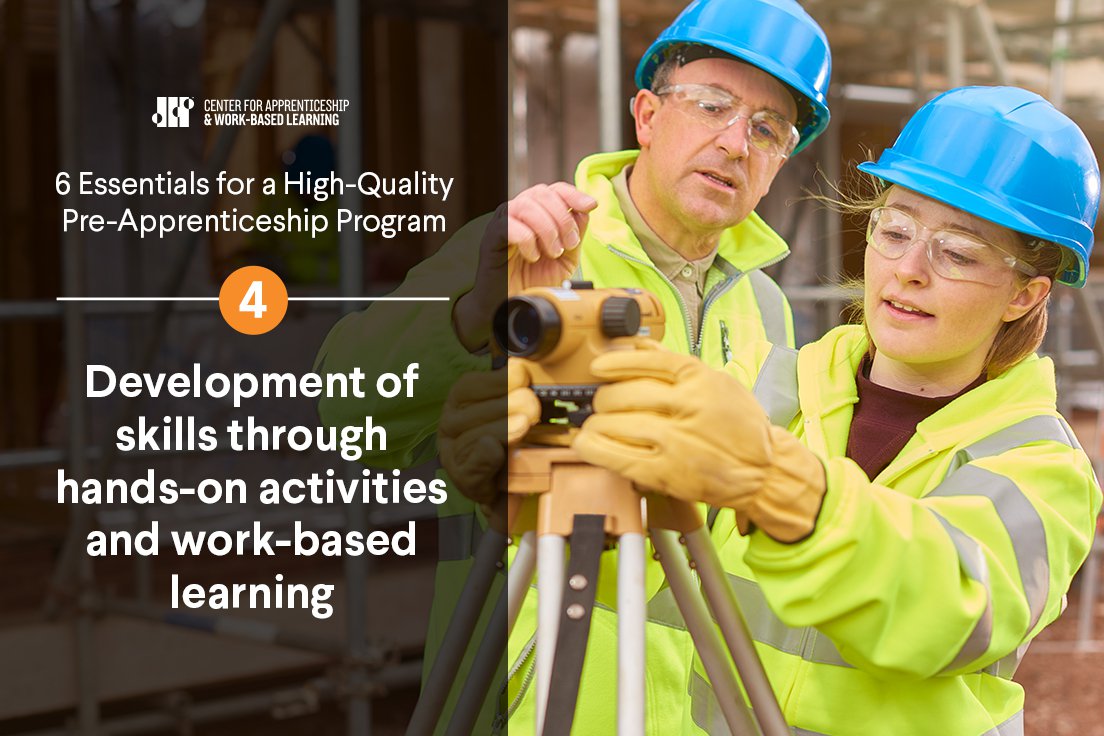 Two construction workers in hard hats and safety gear operate surveying equipment. Text highlights skills development through hands-on activities and work-based learning.