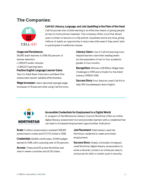 A report page highlighting two companies, CELL-ED and Northstar, their missions, user statistics, usage, and success stories focused on literacy and digital skills training.