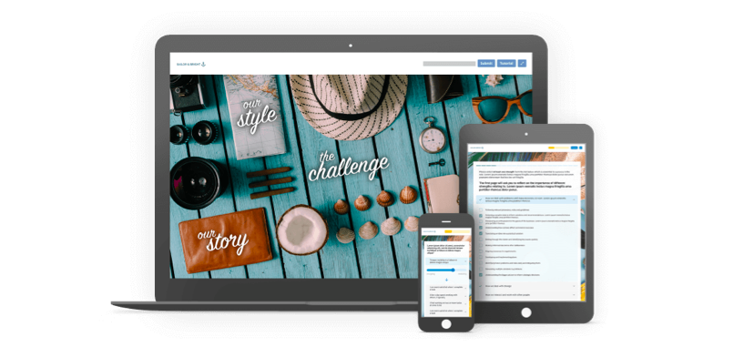 A laptop, tablet, and smartphone display travel-themed content. The laptop screen shows a flat lay with a hat, camera, and sunglasses.