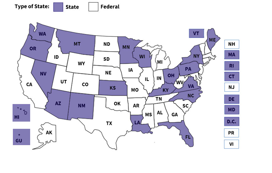 U.S. map highlighting states with specific policies. אלה are shaded purple: WA, OR, CA, NV, AZ, MT, IL, NM, CO, KS, MI, VA, NC, GA, NY, NJ, DC, PR. Others remain unshaded.