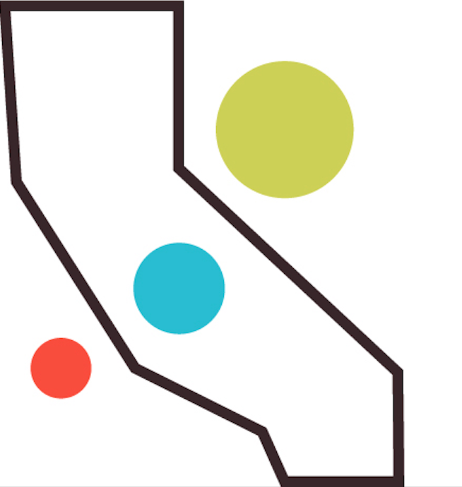 Outline of California with three overlapping circles: green, blue, and red.