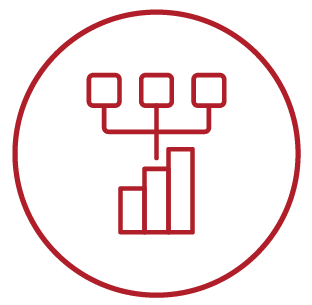 Red icon depicting a flowchart above a bar graph, enclosed in a circle.