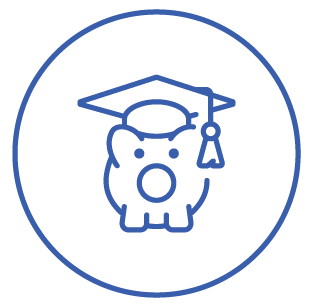 Blue outline of a piggy bank wearing a graduation cap inside a circle.