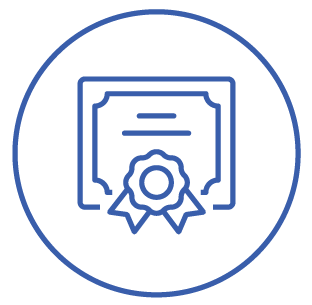 Icon of a certificate with a ribbon inside a circular border, in blue outline style.