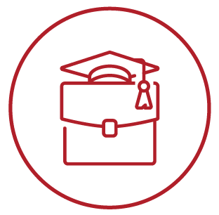 Red outline icon of a briefcase with a graduation cap on top, encircled by a red border.