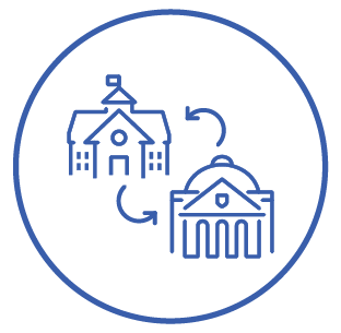 Icon depicting an arrow between a school building and a university building, enclosed in a circle.