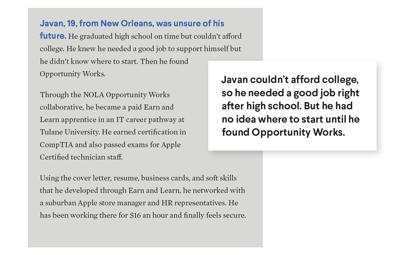Text about Javan from New Orleans finding a job through Opportunity Works after high school when college wasn't affordable. Describes his path and certifications.