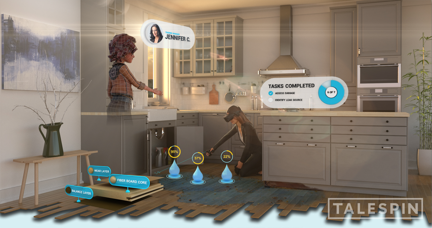 A virtual scene of a woman repairing a kitchen sink with digital task completion stats displayed. A nearby child stands watching. The floor shows cross-section layers labeled in blue.