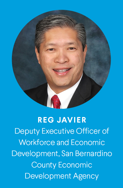 Portrait of a man in a suit and red tie against a blue background with text identifying him as Reg Javier, Deputy Executive Officer for Workforce and Economic Development, San Bernardino County.