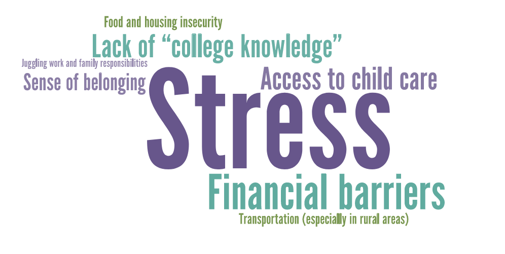 Word cloud highlighting stress, financial barriers, access to child care, lack of 