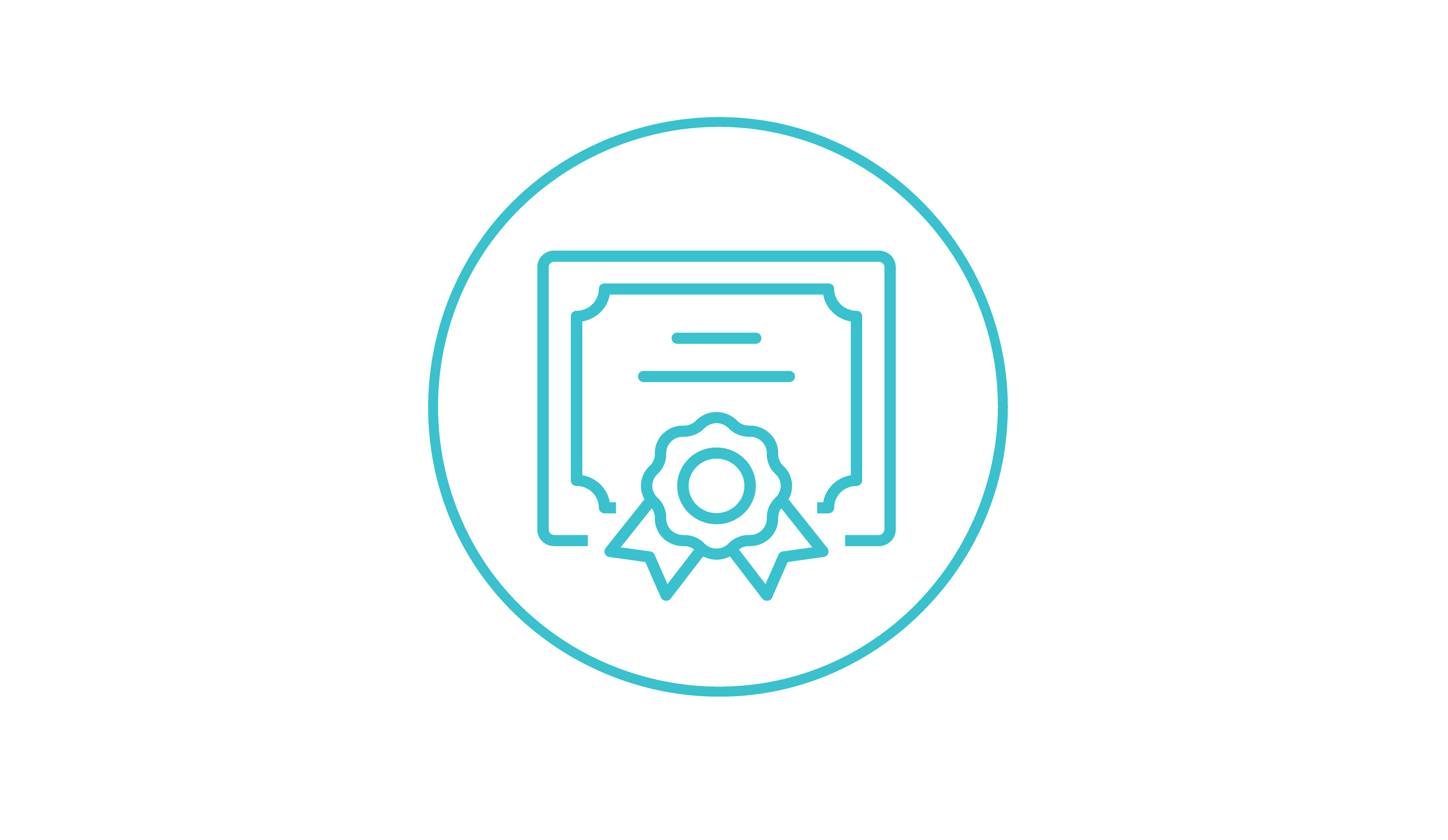 A blue outline of a certificate with a ribbon badge, enclosed in a circular border, on a white background.