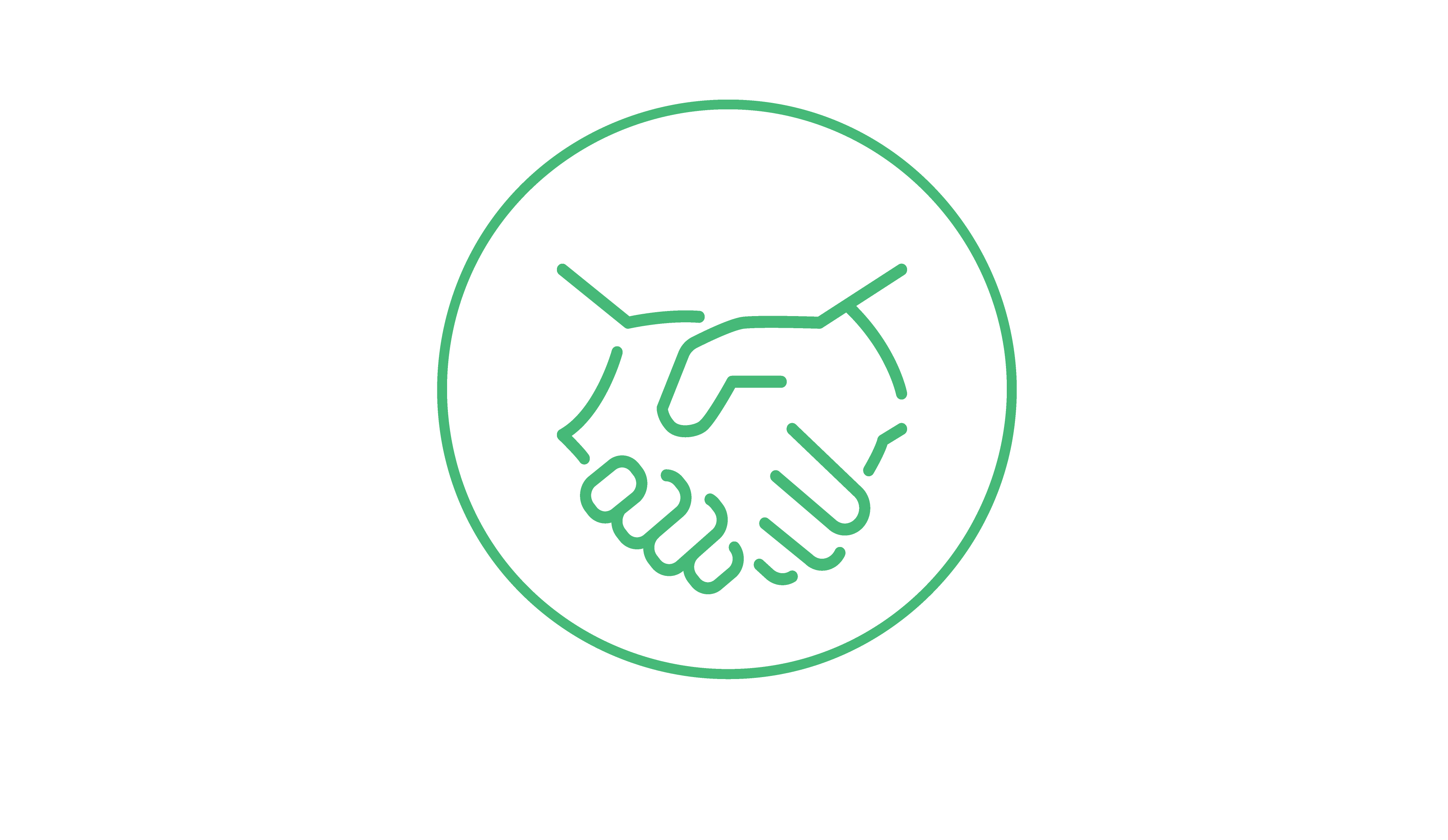 Green line icon of two hands shaking inside a circle on a white background.