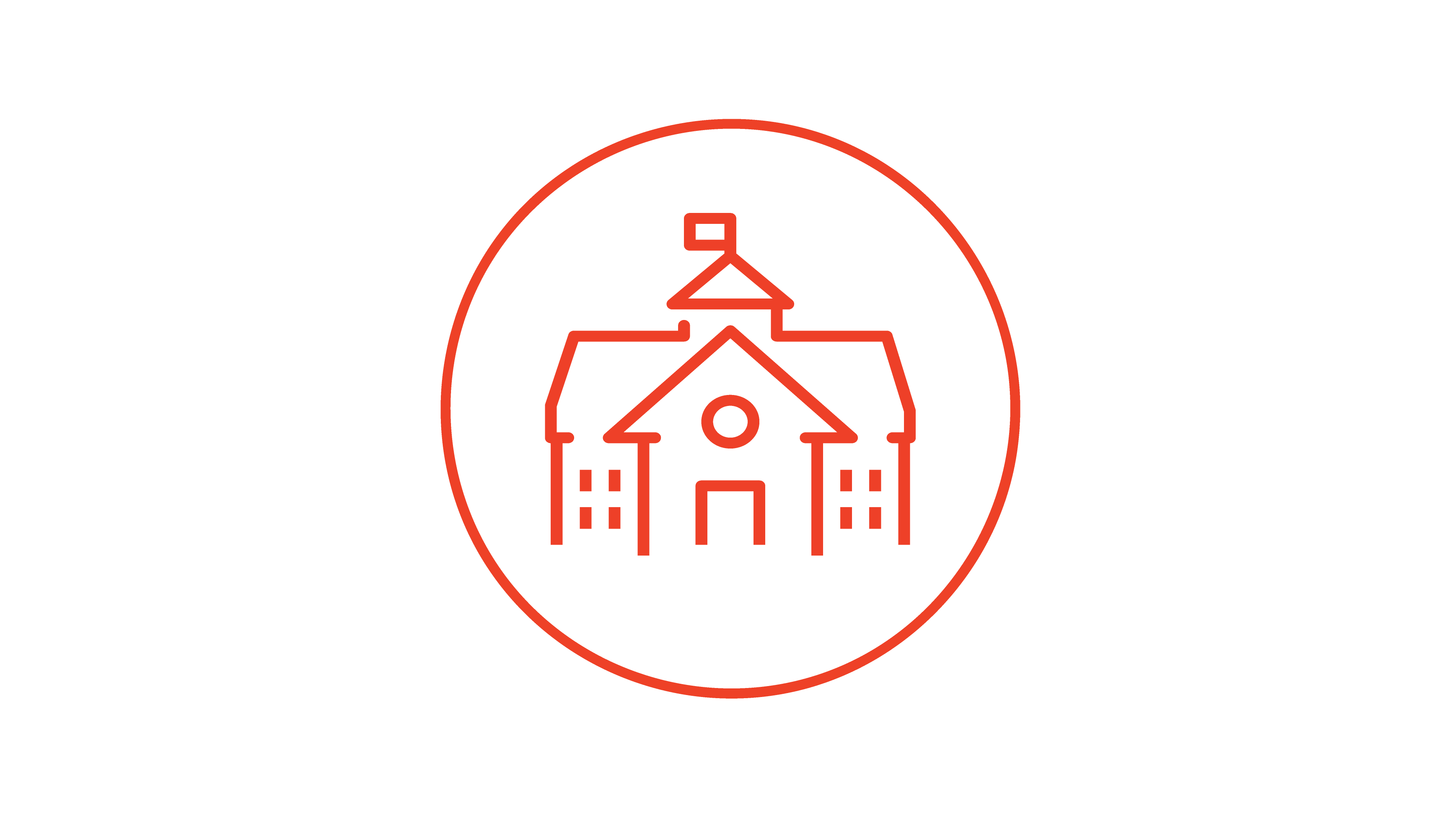 Red outline icon of a large building, such as a school or courthouse, with a circular border.
