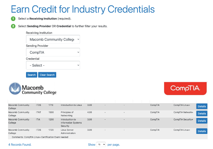 <a href="https://www.mitransfer.org/search-courses"> <img src="MI-Earn Credit for Industry Credentials-Screenshot 1.png" alt="Macomb Community College awards credit for three CompTIA certifications. CompTIA Linux+, CompTIA Network+, and CompTIA Security+"> </a>