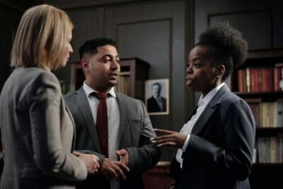 Three people in conversation in an interior, medium-lit office dressed in business clothing with serious expressions.