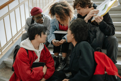 A group of five students, immersed in postsecondary education, sit on the stairs with notebooks and backpacks, eagerly exploring Artificial Intelligence on a mobile phone.