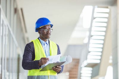 Quality controller in factory. Portrait of smiling engineer in hardhat standing at construction site holding blueprint. Happy male architect writing on clipboard