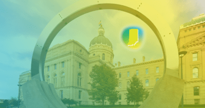 A large metal arch frames a historical building with a dome. The image has a gradient overlay, and a small silhouette of Indiana state is highlighted in the sky.