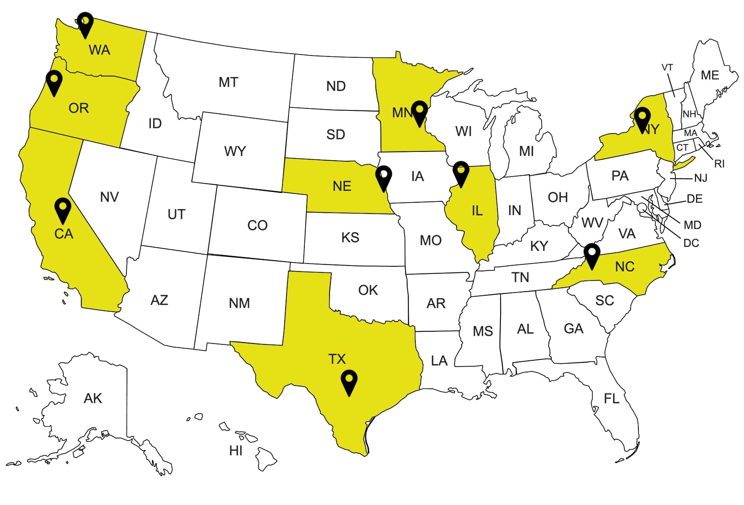 Map of the United States with California, Texas, Oregon, Washington, Minnesota, Illinois, Nebraska, Pennsylvania, and North Carolina highlighted in yellow and marked with pushpins.