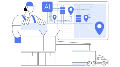 Illustration of a worker packing a box in front of a digital AI interface displaying a map with location pins, connected nodes, and a delivery truck.