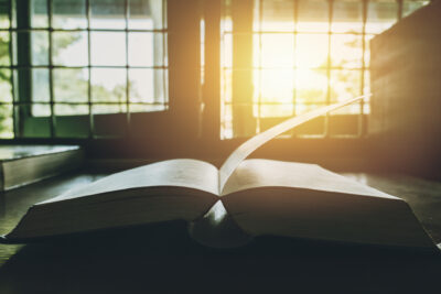 An open book on a table is illuminated by warm sunlight streaming through a window with a grid pattern.