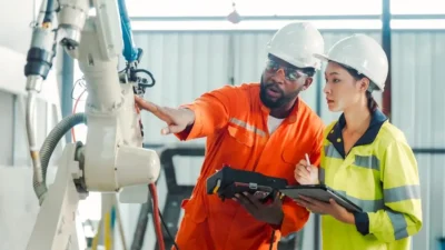 Two engineers in safety gear inspect a robotic arm, with one pointing at the machinery and the other taking notes on a clipboard. They work in an industrial setting.