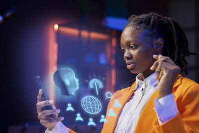 A woman in an orange blazer looks at her phone, with digital holograms of a head, globe, and user icons appearing in front of her.