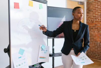 An entrepreneur in business attire presents budget concepts on a whiteboard with charts and diagrams, holding papers and a marker in a meeting room.