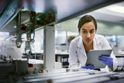 A woman in a lab coat and gloves examines a tablet while monitoring equipment in a modern laboratory setting.