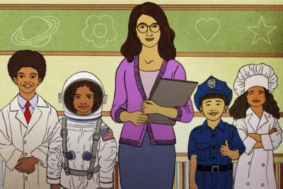 An adult holding a clipboard stands with four children dressed as a scientist, astronaut, police officer, and chef in front of a wall with space, flower, heart, and star drawings.