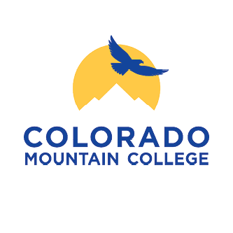 Colorado Mountain College logo with a blue bird flying in front of a yellow sun and mountain silhouette, with the college name in blue text below.